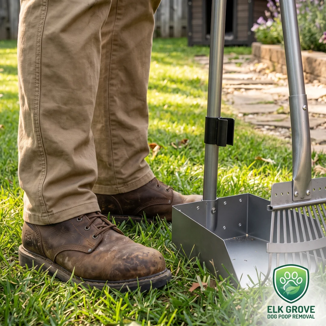 Professional pet waste removal tools in a yard