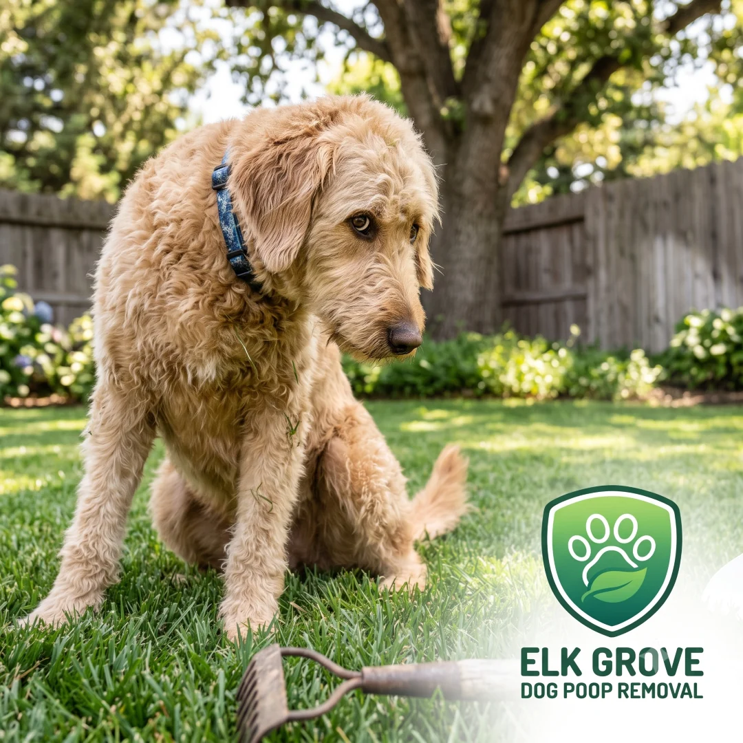 Dog sitting in a backyard lawn
